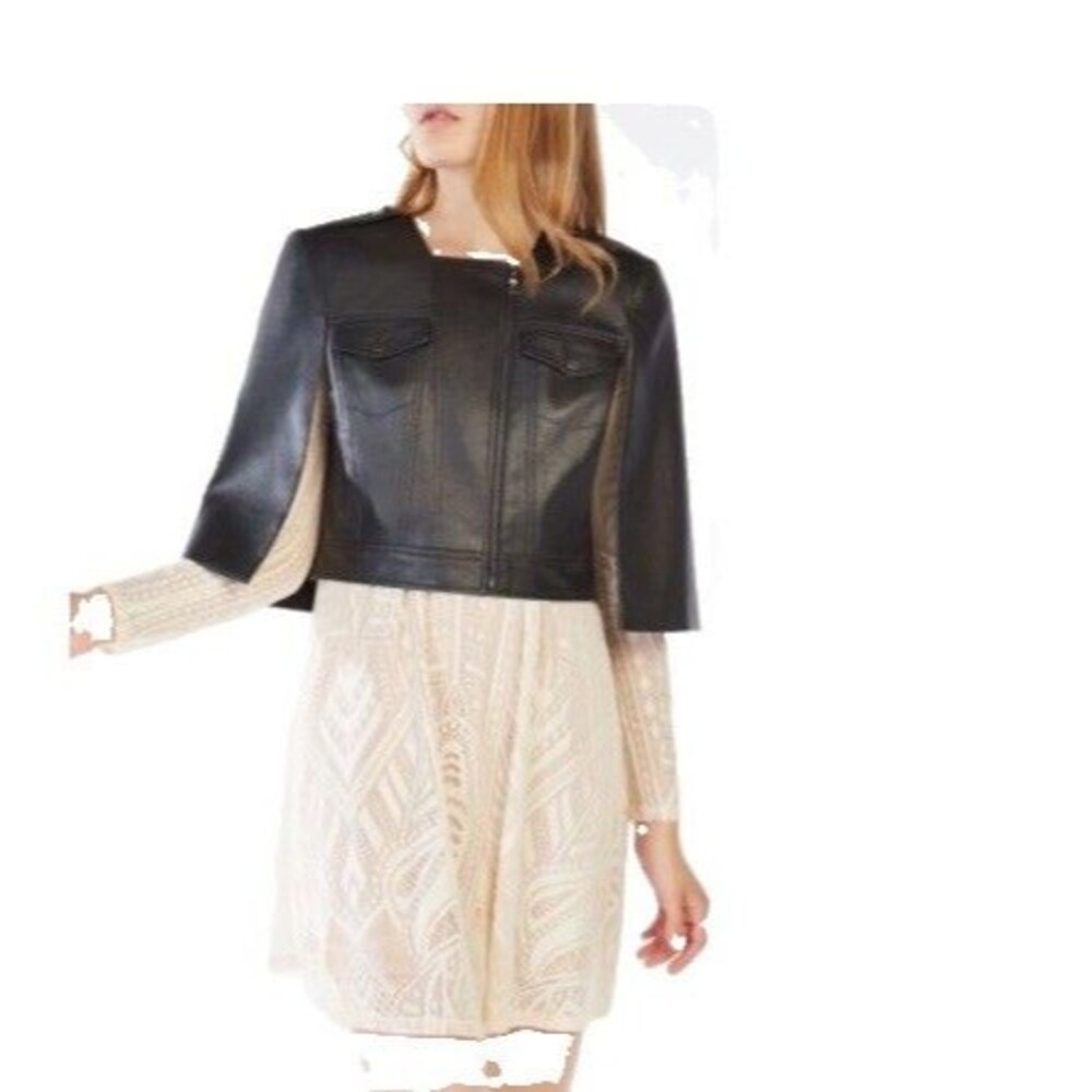 BCBG Maxazria Richie Jacket Faux Leather Crop Cape Jacket Size XXS Black
